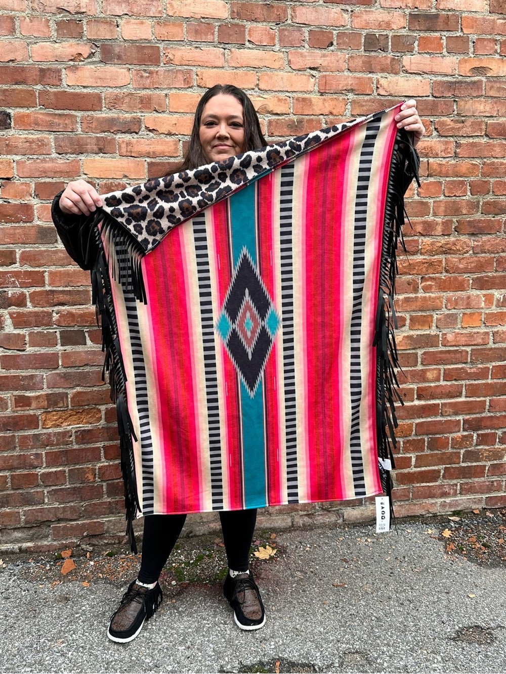 NWT 2FLYCO Southwestern Stripe / Leopard Reversible Fringe Throw Blanket
